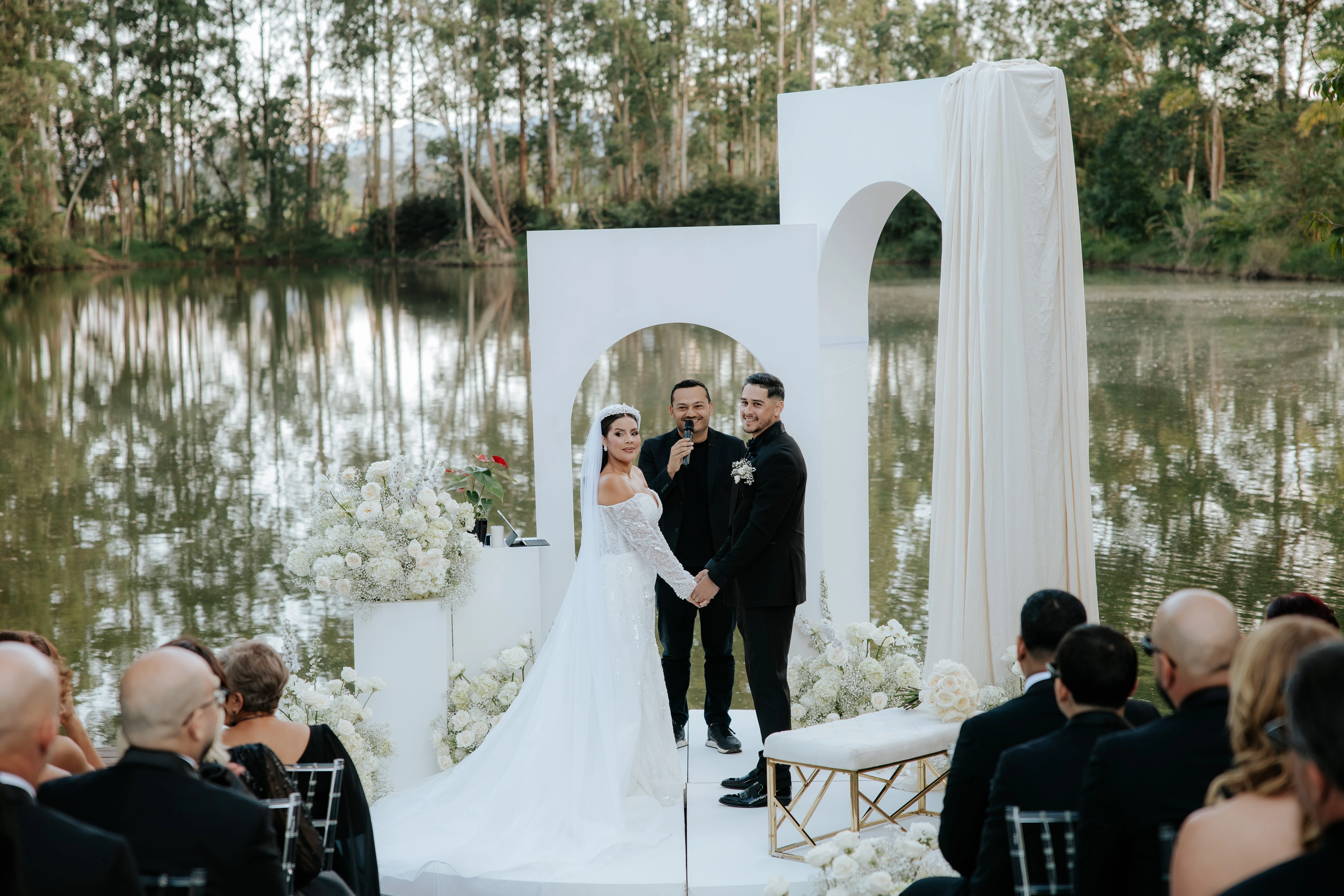 Tropical boutique hotel pool — private celebration after civil marriage in Miami